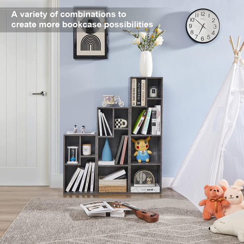 3-Cube 2-Tier VECELO Open Bookcase, Small Bookshelf with Height Difference Shelves for Most Books, Horizontal