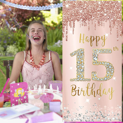 Happy 15th Birthday Door Banner Decorations, Pink Rose Gold 15 Birthday Party Backdrop Sign Supplies