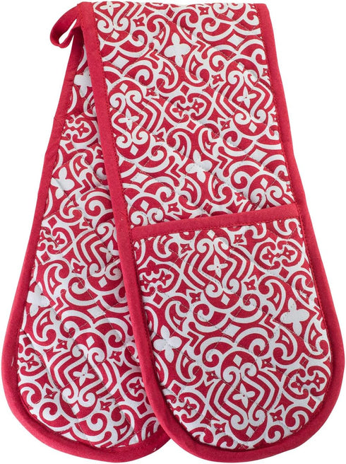 Christmas Red Holiday Double Oven Mitts Gloves | Extra Long & Thick, Heat Resistant | Quilted 1 Piece Oven Gloves |