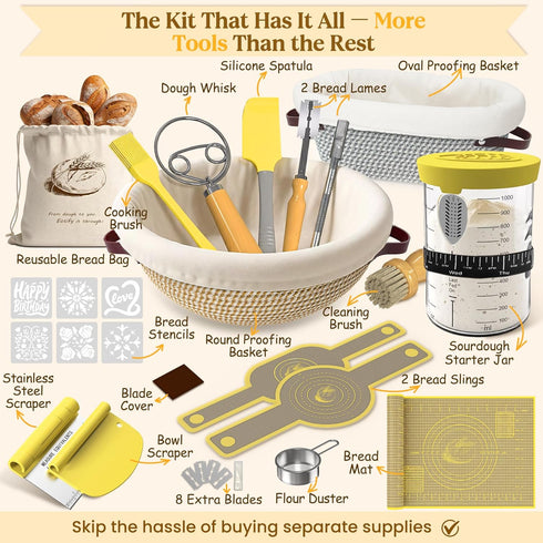 Set, Sourdough Starter Kit with Cotton Rope Banneton Basket & Jar, Bread Baking Supplies and Tools Complete Sourdough