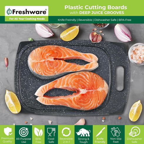 Plastic Cutting Boards for Kitchen, Cutting Board Set of 3, Juice Grooves with Easy Grip Handle, BPA-Free, Non-Porous, Dishwasher Safe, Black Marble by Freshware