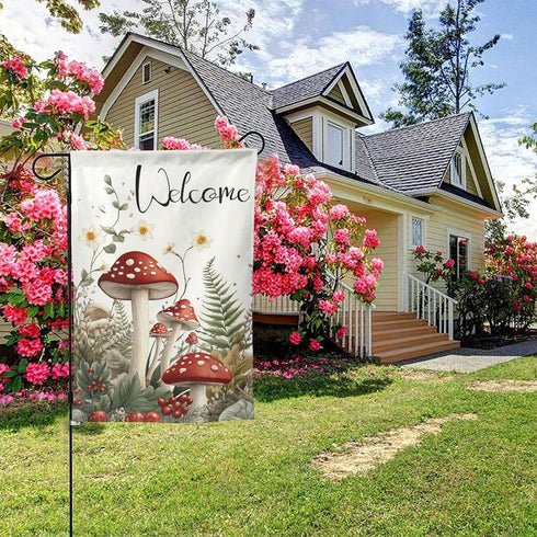 DOVPOD 1218 Inch Mushrooms and Fern Garden Flags Welcome Double Sided Decorative Yard Banner Seasonal Flag for Outdoor