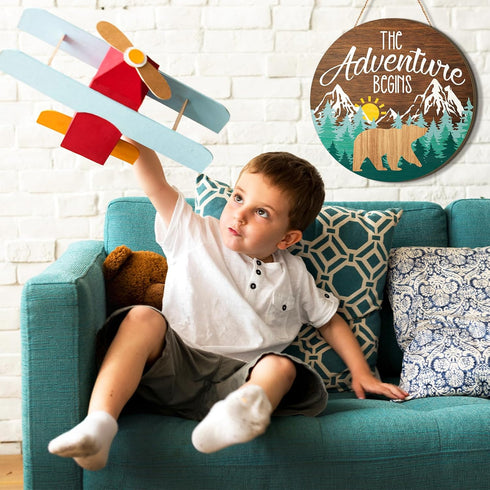 12 12'' Chunful The Adventure Begins Wooden Hanging Sign, x Woodland Nursery Decor, Green Trees Brown Background