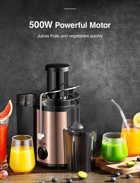 QCen Juicer Machine, 500W Centrifugal Juicer Extractor with 3” Wide Mouth Feed Chute, Stainless Steel, BPA-free (Rose