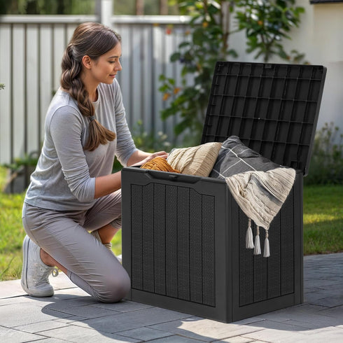 30 YITAHOME Gallon Outdoor Storage Box, Small Water Resistant Resin Deck Box, Indoor Outdoor Lockable Rattan Storage