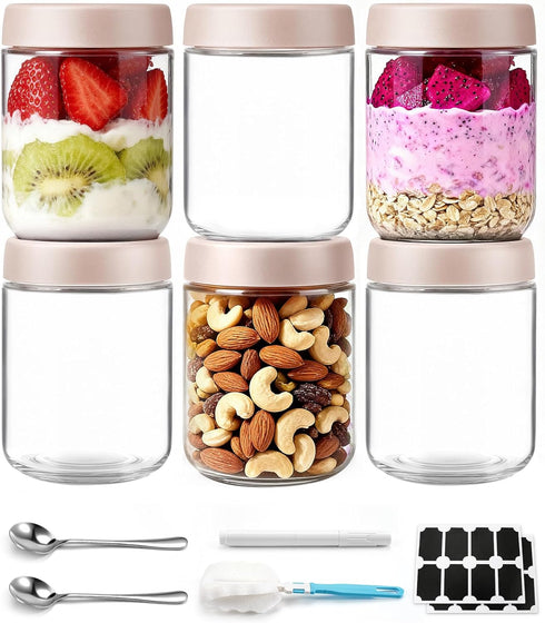 6 pack 16 oz Overnight Oats Containers with Lids and Spoons Glass