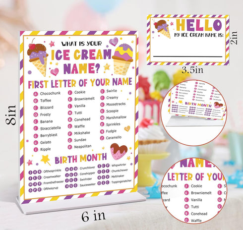 NODROY 68 Game,30 Acrylic What is Your Ice Cream Name Stickers, Ice Cream Party Decor, Perfect for Birthday Party