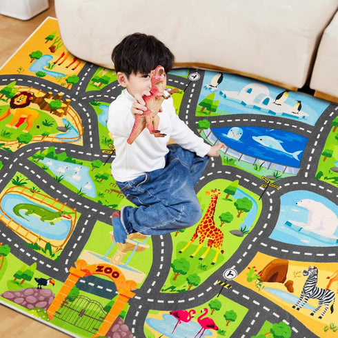 DINSUMRUG Cars,59"X39.4" Car Rugs for Kids Toy Animal Road Rug for Kids,Non Slip Zoo Road Map Cars Track Mat,Washable