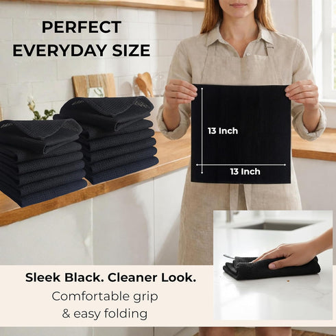 13"x13" Set 12 Kitchen Dish Cloths for Washing Dishes - Waffle Weave Cotton Dish Rag Towel - of Black Kitchen Washcloth