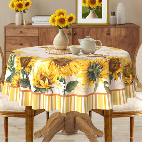 60x60 Inch Summer Hexagram Sunflower Tablecloth Round and Spring Yellow Floral Table Cloth Farmhouse Season for Home