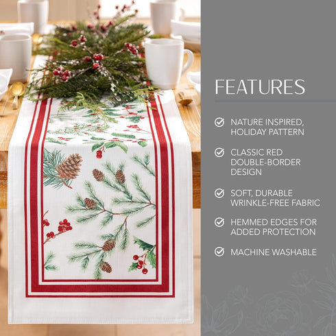 13" 70" Elrene Home Fashions Winter Holiday Berry Fabric Bordered Table or Console Runner, Christmas Table Decor, x