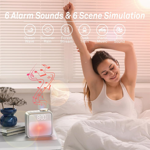 6 Snooze, AIRIVO Alarm Clock Night Lights, Built-in Battery Alarm Clock for Bedrooms, Scenes & White Noise Sync, Dual