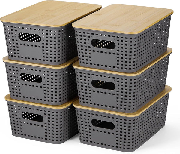 Plastic Storage Baskets with Bamboo Lid, Stackable Storage Bins for Organizing Shelves, 6 Pack, Gray