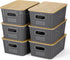 Plastic Storage Baskets with Bamboo Lid, Stackable Storage Bins for Organizing Shelves, 6 Pack, Gray
