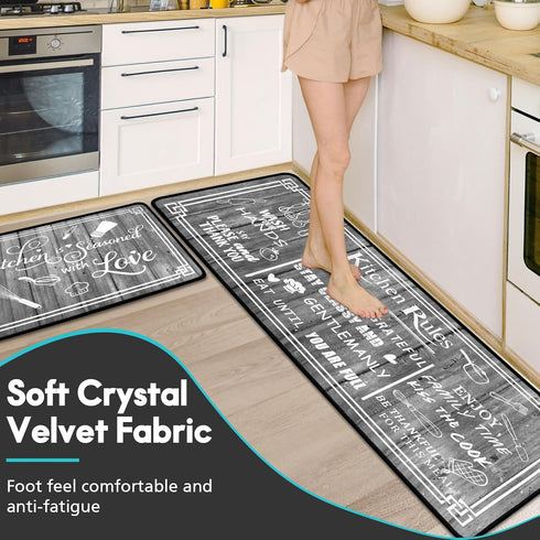 Grey Kitchen Rugs, Non-Skid Washable Microfiber Mats, Kitchen Rules Theme Decor Sets of 2