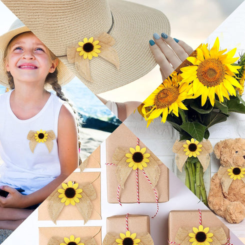 Syhood 12 Pieces Sunflower Burlap Bow 3 Inch, Summer Artificial Handmade Wreath Bow for Crafts Home Decoration