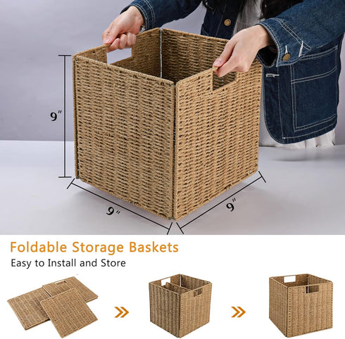 Vagusicc Wicker Storage Basket, Set of 2 Hand-Woven Baskets with Handles, 9 inch Foldable Cube Storage Bins for Pantry