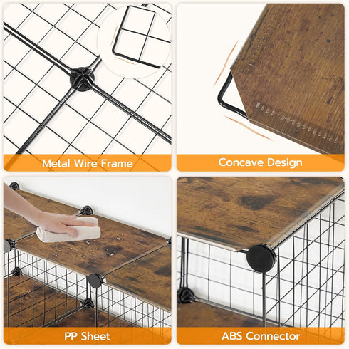 HOOBRO 9-Cube Wire Storage Organizer, Metal Grid Shelf, Modular Cabinet for Living Room, Bedroom, Rustic Brown and Black