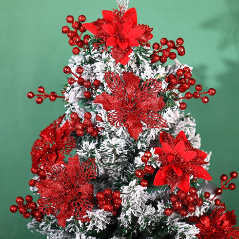 60 6 Poinsettia Pcs Silver Styles Christmas Artificial Flowers with Glitter Berries Stems Tree Picks for Christmas Tree