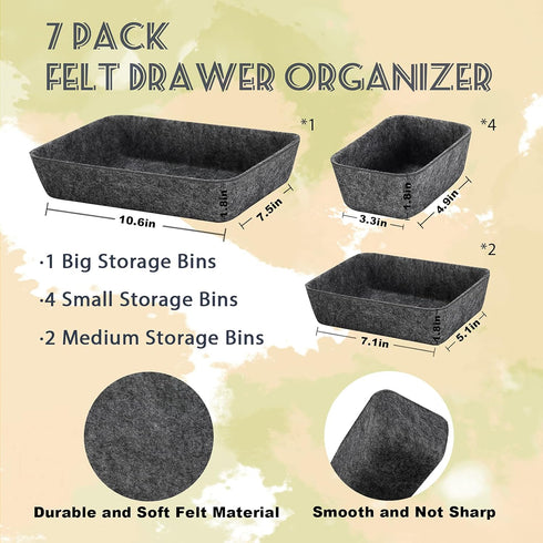 Desk Drawer Organizer Tray Dividers Set, 7 Pack Grey Felt Storage Bins for Kitchen, Bathroom, Office