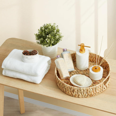 13 inch 1Pack Round Wicker Tray, Hand-Woven Rattan Serving Trays with Handles for Snack Drinks Coffee Table Tray, Water