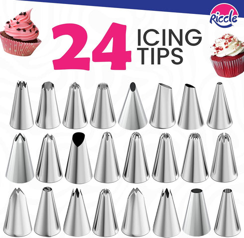 Riccle 94 pcs Cake Decorating Kit - Includes 50pcs 16 Inch Disposable + 2 Reusable Piping Bags, 24 Tips, 2 Spatulas, 3