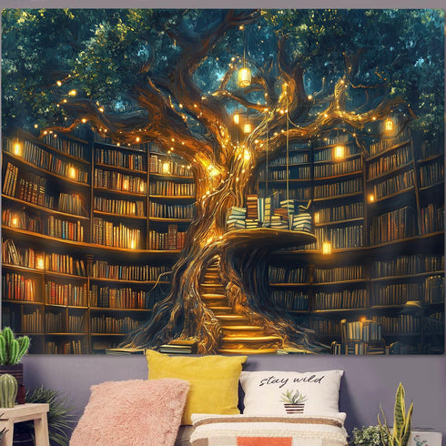 80"X60" GOAOK Fantasy Library Tapestry For Classroom, Mysterious Tree Magic Bookshelf Aesthetic Tapestries, Witchy