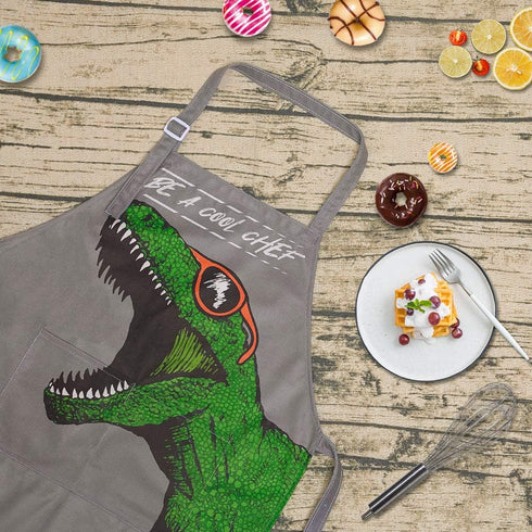 MHJY Kids Apron and Chef Hat for Boys, Dinosaur Child Aprons with Pockets for Cooking Baking Painting