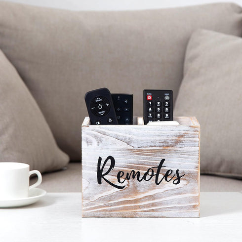 Rustic Whitewashed Wood Remote Control Holder, Two Slot Tabletop Organizer for Game Console, Mobile Phone, Living Room