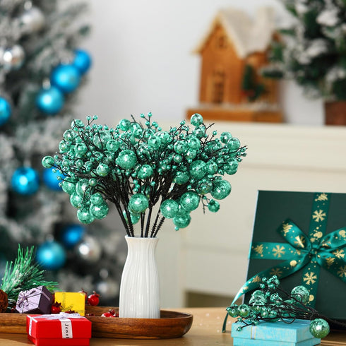 24 10 Inch Geosar Pieces Christmas Glitter Berries Stems Christmas Berry Picks Artificial Glittered Berries Ornaments