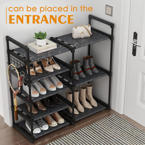 CSXGBAB Closet 5 30 lbs Black Tubes Shoe Rack, Boot Rack, Tier Oxford Fabric Shelf, Easy Assembly, Sturdy and Durable