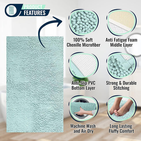 ITSOFT Plush Microfiber Non Slip Soft Bathroom Rug, Absorbent Machine Washable Chenille Bath Mat | Quick Dry Carpet, Great for Bath, Shower, Bedroom, or Door Mat (Spa Blue, 14x22)