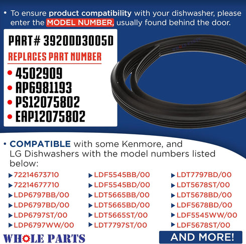 Whole Parts Dishwasher Door Seal Gasket Part# 3920DD3005D - Replacement Compatible with Some Kenmore and LG Dishwashers