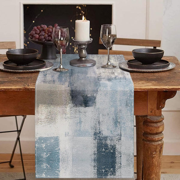 Emvency Farmhouse Table Runner, Vintage Blue and Grey Abstract Art Painting for