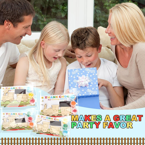 24 Set Train Party Favors, Train Birthday Party Supplies, Wood Trains Painting Crafts Kits, Magnets with Card