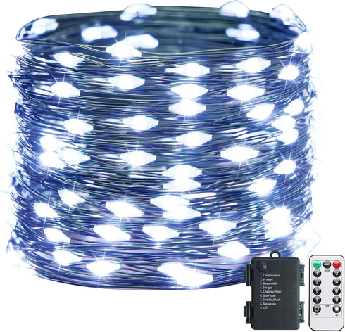 JMEXSUSS 33ft 100LED White Fairy Lights Battery Operated, Green Copper Wires Christmas