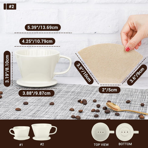 Segarty Pour Over Coffee Maker Set, Single Cup White Ceramic Dripper with 200PCS Size #2 Cone Filters