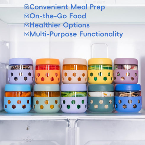 6-Pack 10 oz Gemice Overnight Oats Containers with Lids and Silicone Sleeves, Glass Mason Jars with Airtight Lid