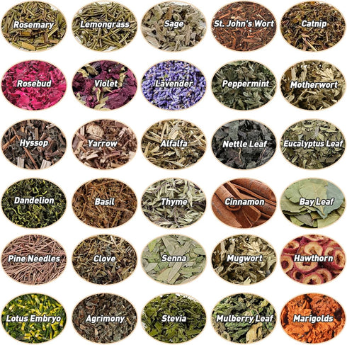 FLgengmh 30 Pack Witchcraft Supplies Herbs, Dried Herbs and Flowers Bottles Kit for Witch Beginner, Wiccan, Wicca Altar