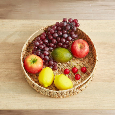 13 inch 1Pack Round Wicker Tray, Hand-Woven Rattan Serving Trays with Handles for Snack Drinks Coffee Table Tray, Water