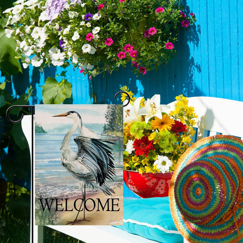 Welcome Spring Summer Seabird Coastal Beach Small Decorative Garden Flag - Blue Heron Yard Bird 12x18