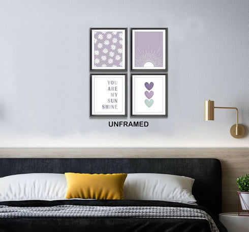 4pcs 8x10inches You are My Sunshine Boho Sage Purple Sun Sunshine Daisy Flower Hearts Poster Prints for Girls Kids Room