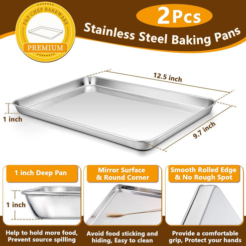 P&P CHEF 12.5 Inch Toaster Oven Pan and Rack Set,4 Pieces Stainless Steel Baking Pan Oven Trays with Cooling Rack, Non Toxic & Dishwasher Safe,2 Pans + 2 Racks