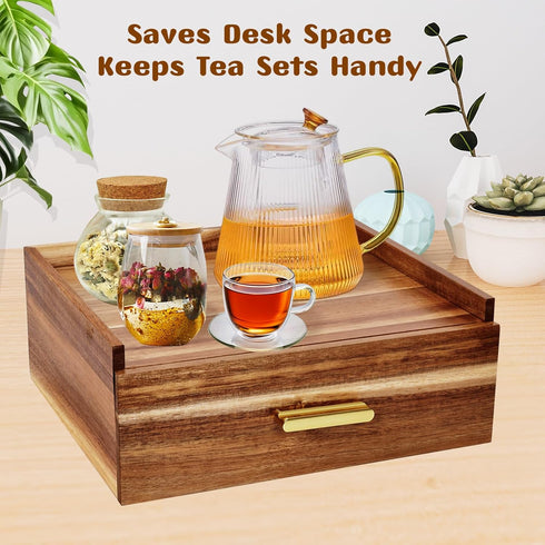 NANXITU Drawer,with12 Countertop Acacia Wood Tea Holder Organizer,Tea Box Organizer Storage Box,Tea Caddy for Tea Bags