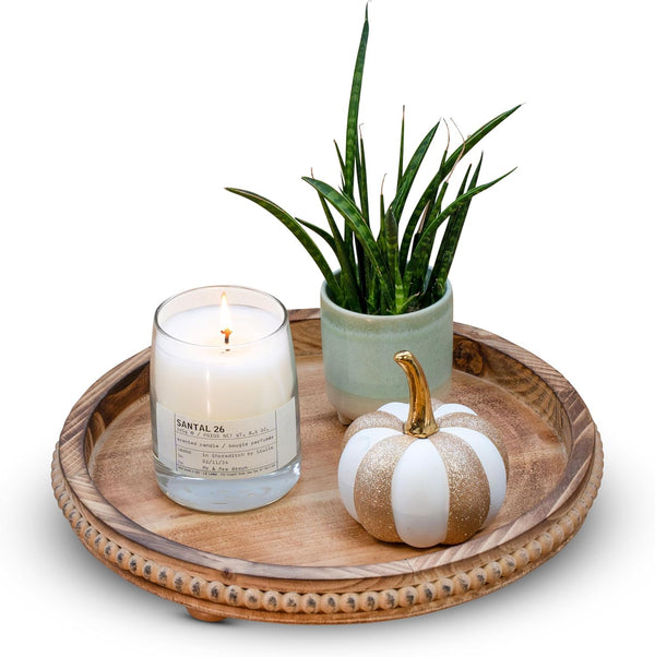 CozyHavenShop Round Wood Tray for Centerpiece Table Decorations, Rustic Beaded Wooden Trays Decor