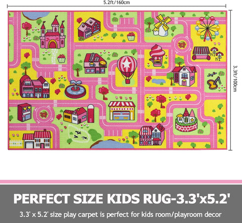 5.2x3.3 Capslpad Kid Rug for Playroom Pink Play Rug Traffic Road Car Play Mat ft Educational Learning Area Rug Washable