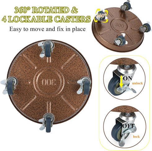 PRAQECZ 2 Pack 12" 265 LBS 360 Plant Caddy with Wheels, Rolling Plant Stand Heavy Duty Metal Tray No Holes with Large