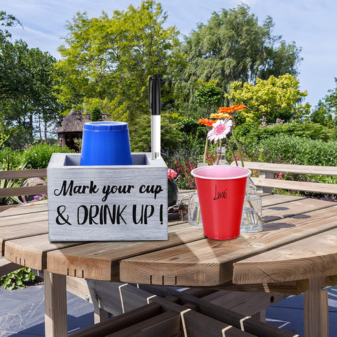 Disposable Cup Holder with Marker Slot, Wooden Cup Organizer for Farmhouse Rustic Bar, Wedding Party Decor