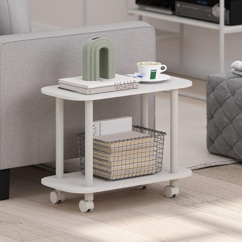 2-Tier Furinno Turn-N-Tube Side Table, Oval Sofa End Table with Wheels, Round Corner Night Stand, Bedside Table