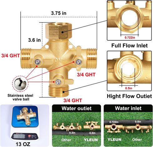 3 3 Garden Hose Splitter High Flow Splitter No Restricted-Flow Connector Heavy Duty Brass Hose Splitter with Shut Off